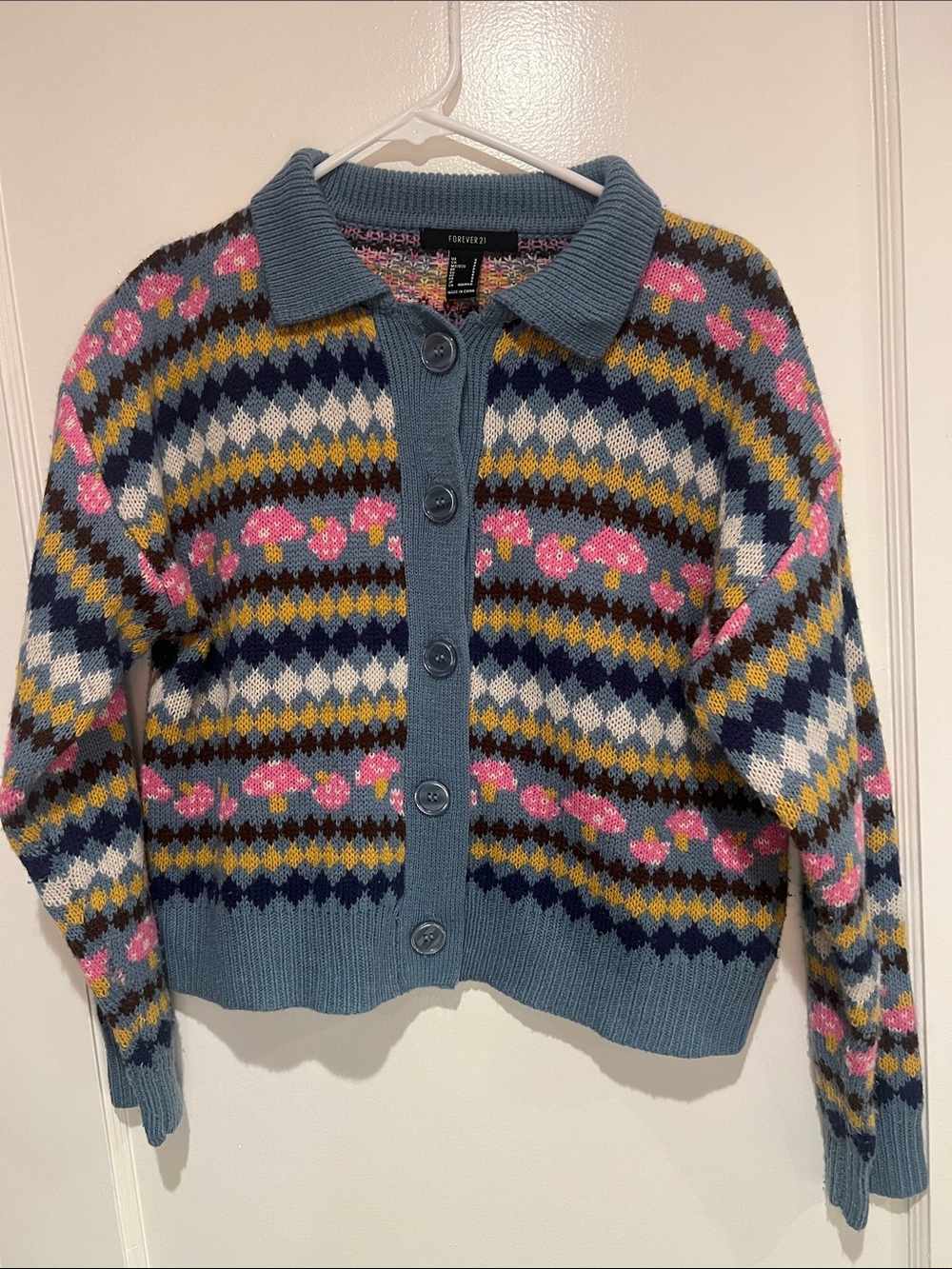 Forever 21 Blue Collared Fair Isle Knit Cardigan Sweater with Pink mushrooms